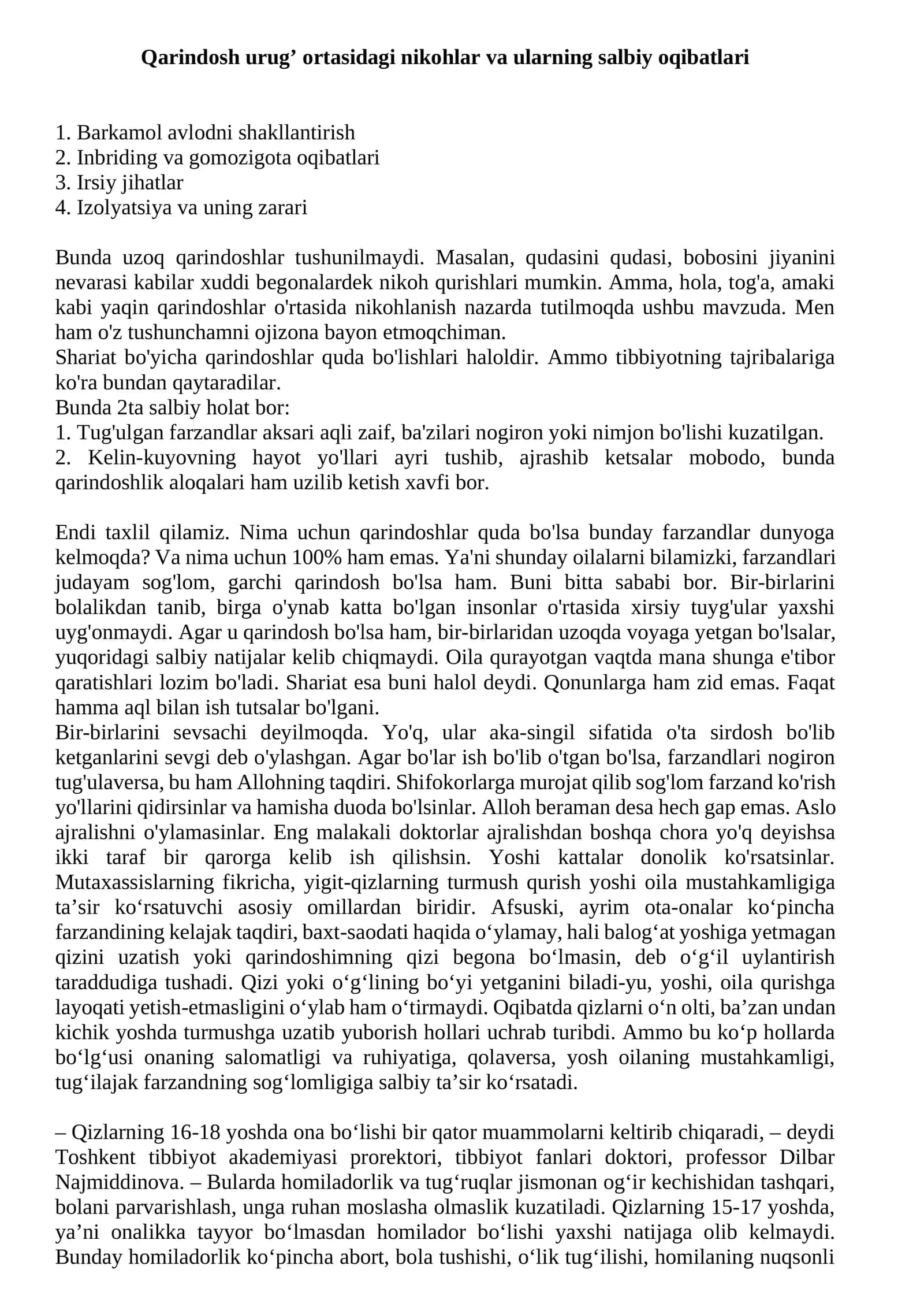 Qarindosh urug’ o'rtasidagi nikohlar va ularning salbiy oqibatlari