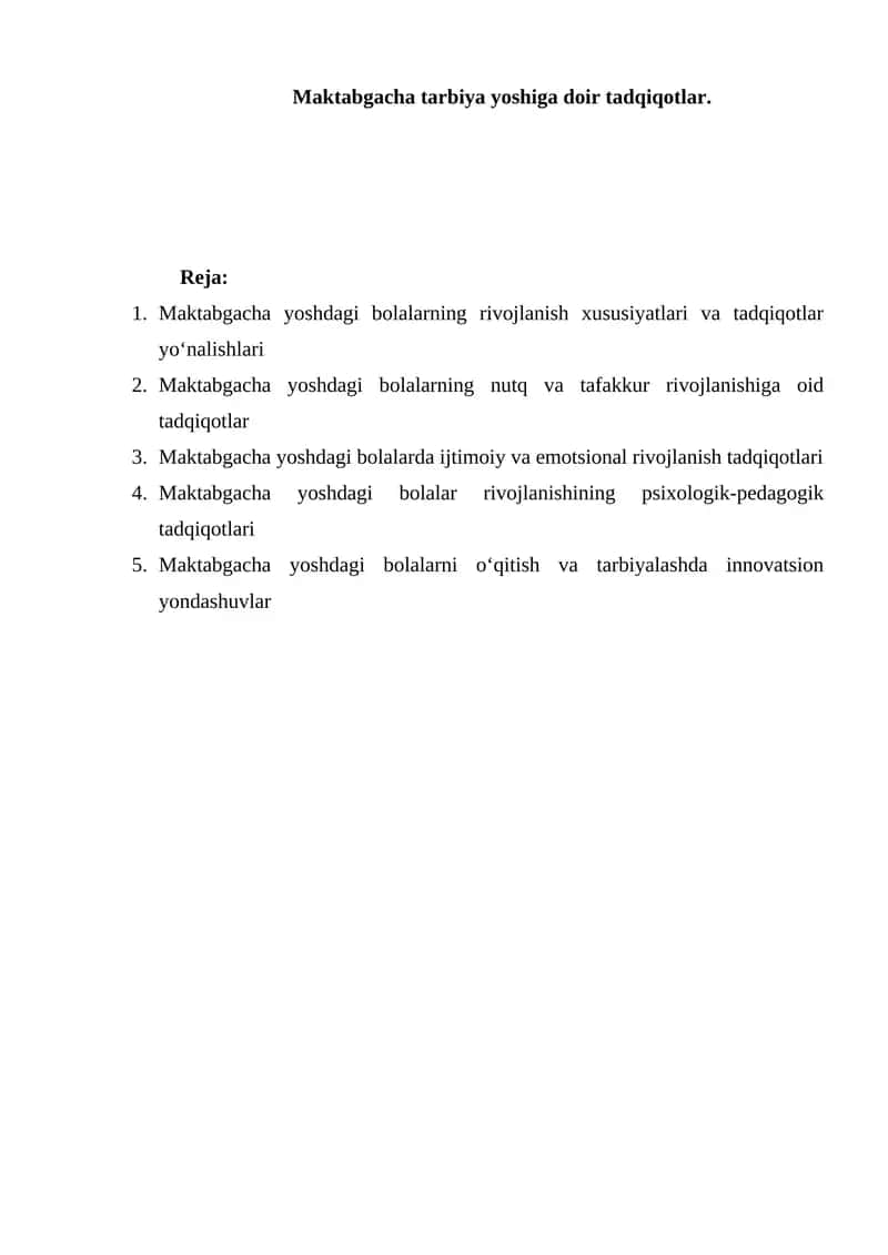 Maktabgacha tarbiya yoshiga doir tadqiqotlar