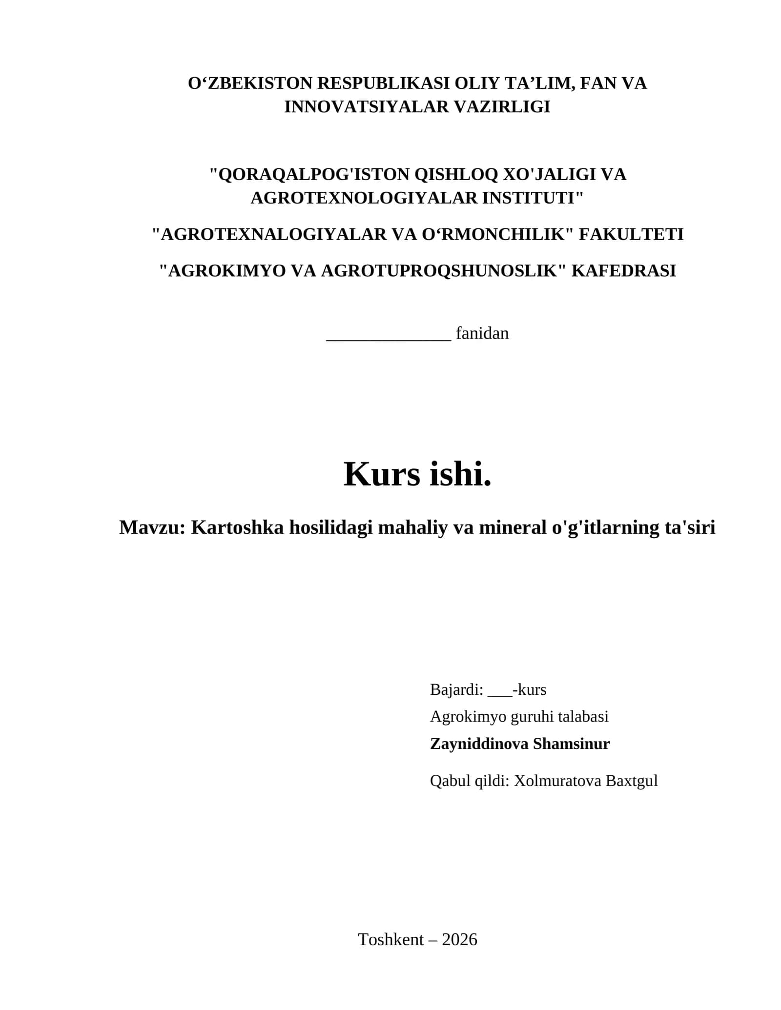 Kartoshka hosilidagi mahaliy va mineral o'g'itlarning ta'siri