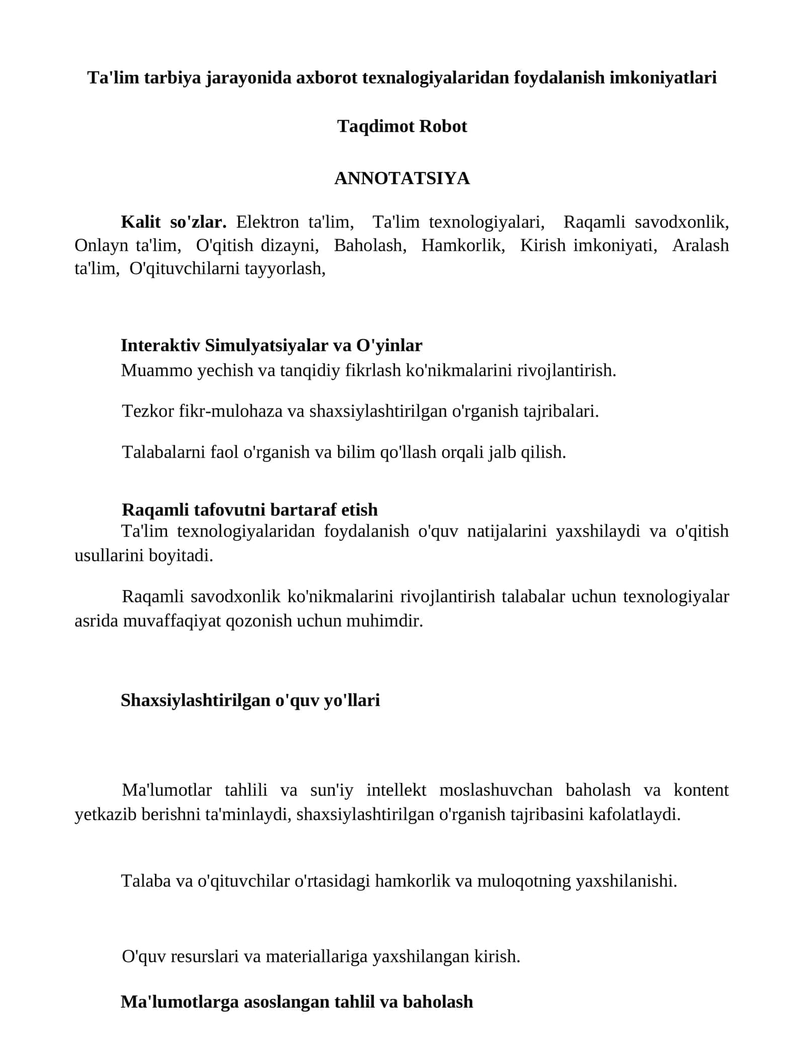 Interaktiv Simulyatsiyalar va O'yinlar