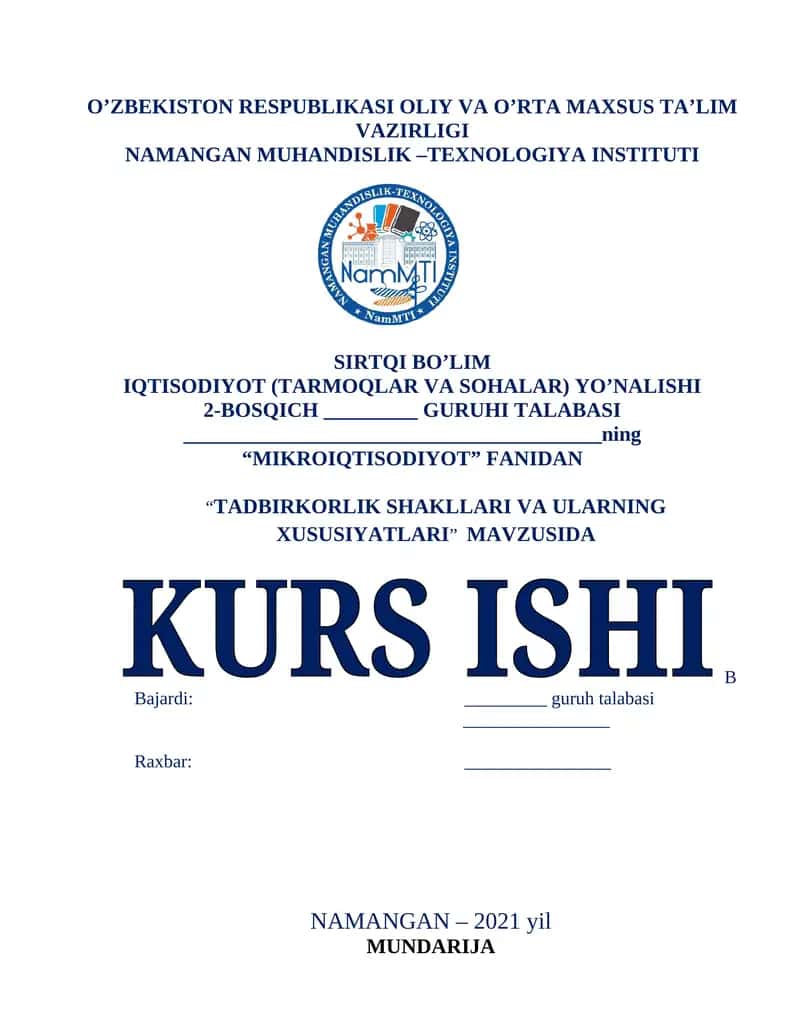 "MIKROIQTISODIYOT" FANIDAN "TADBIRKORLIK SHAKLLARI VA ULARNING XUSUSIYATLARI"
