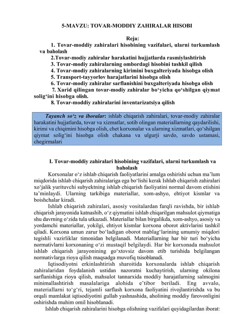 TOVAR-MODDIY ZAHIRALAR HISOBI