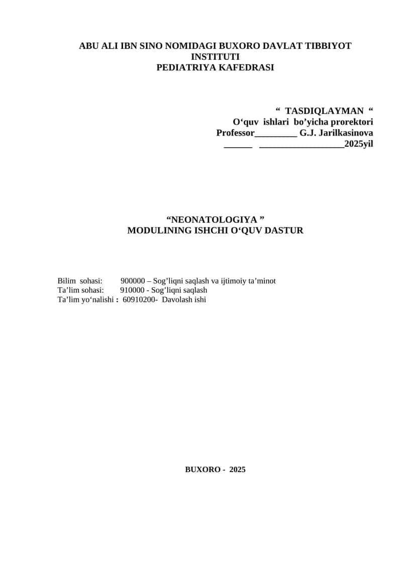 NEONATOLOGIYA MODULINING ISHCHI O‘QUV DASTUR