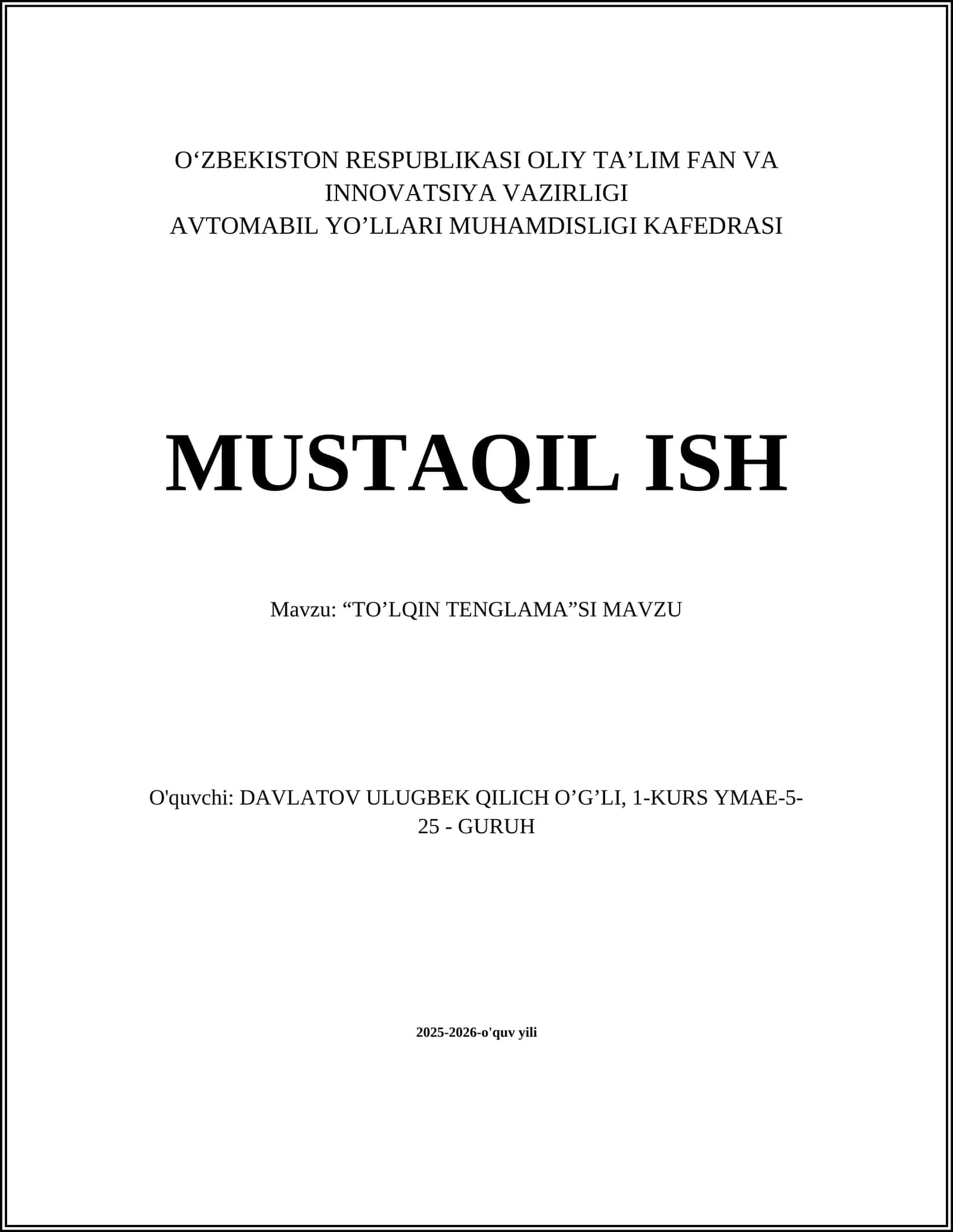 “TO’LQIN TENGLAMA”SI