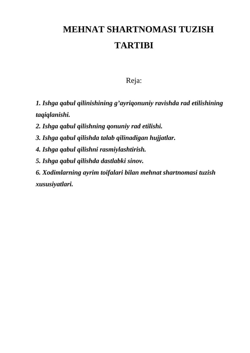 Mehnat Shartnomasi Tuzish Tartibi