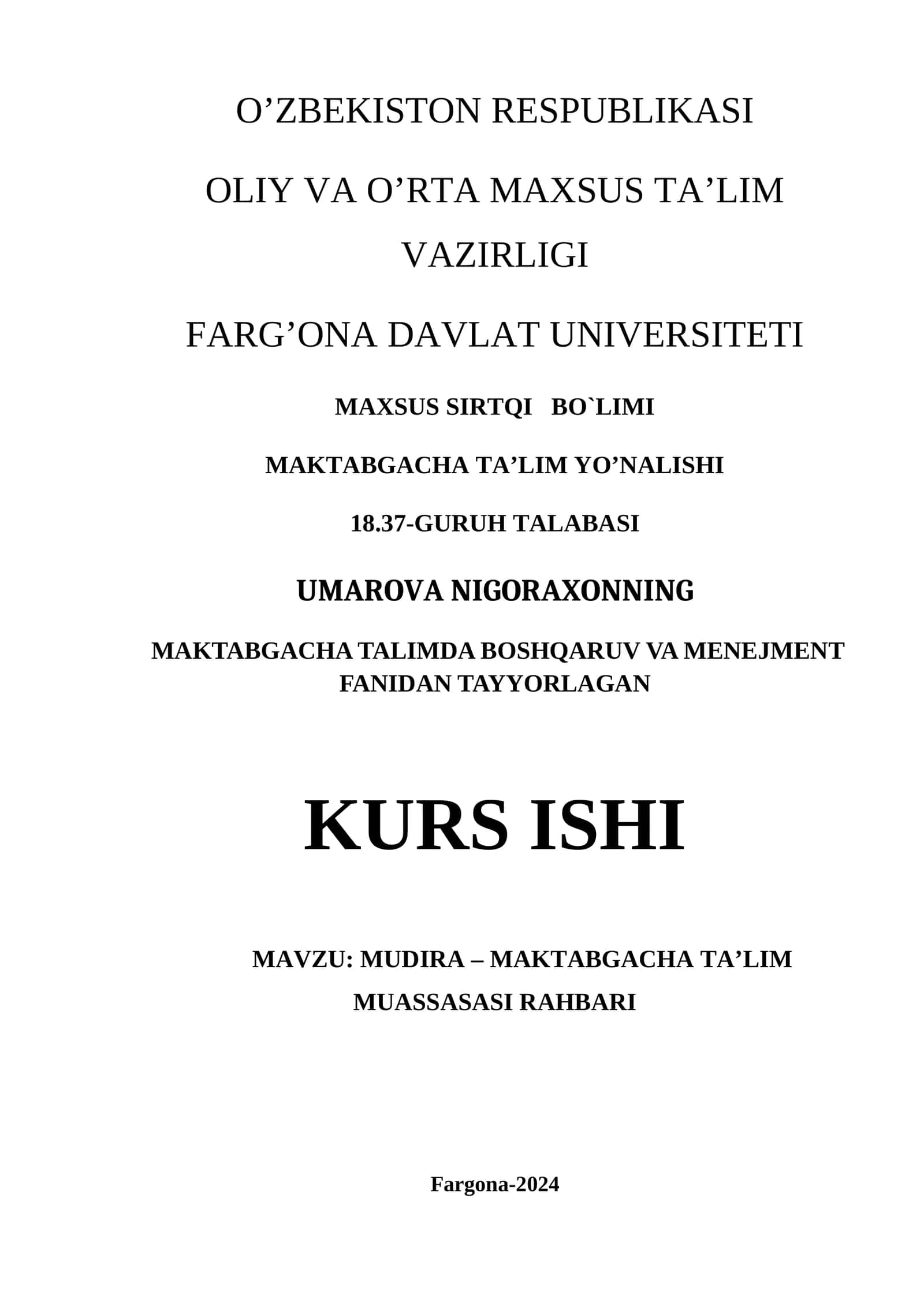 Mudira – maktabgacha ta’lim muassasasi rahbari sifatida kurs ishi