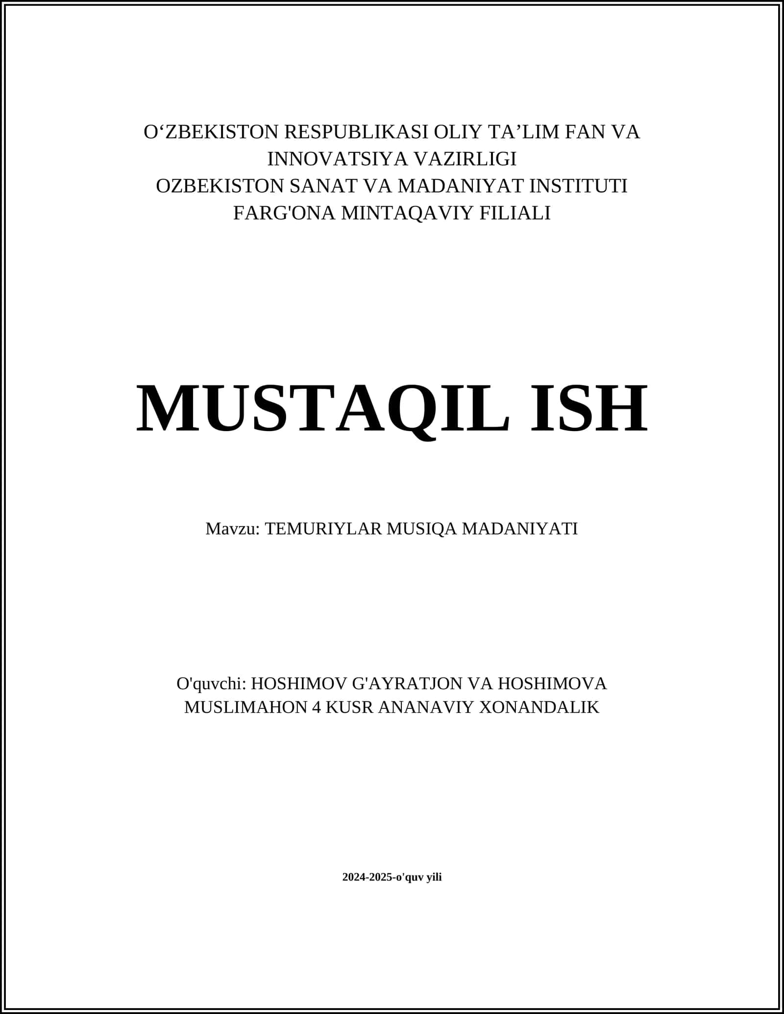 TEMURIYLAR MUSIQA MADANIYATI