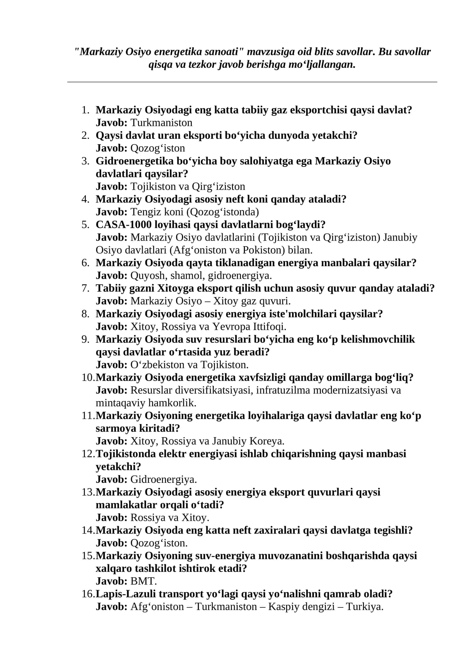 Markaziy Osiyo energetika sanoati blits savollar