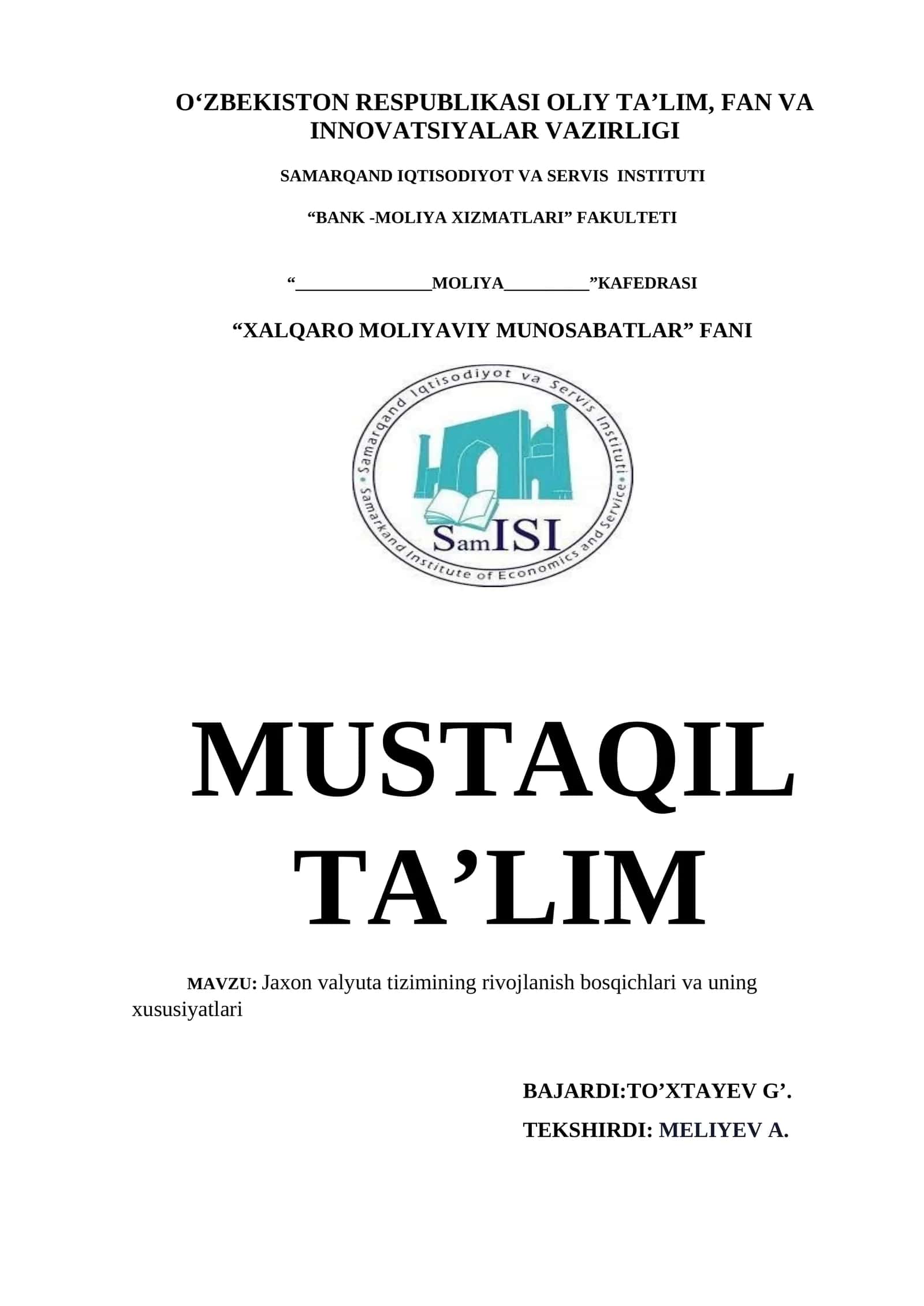 Xalqaro Moliyaviy Munosabatlar fanidan mustaqil taʼlim
