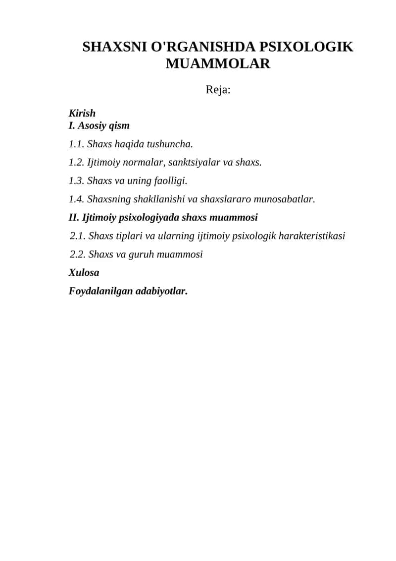 SHAXSNI O'RGANISHDA PSIXOLOGIK MUAMMOLAR