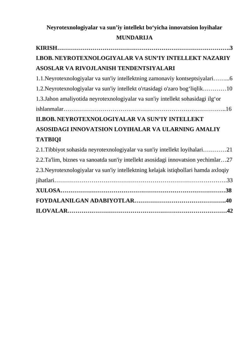 Neyrotexnologiyalar va sun’iy intellekt boʻyicha innovatsion loyihalar