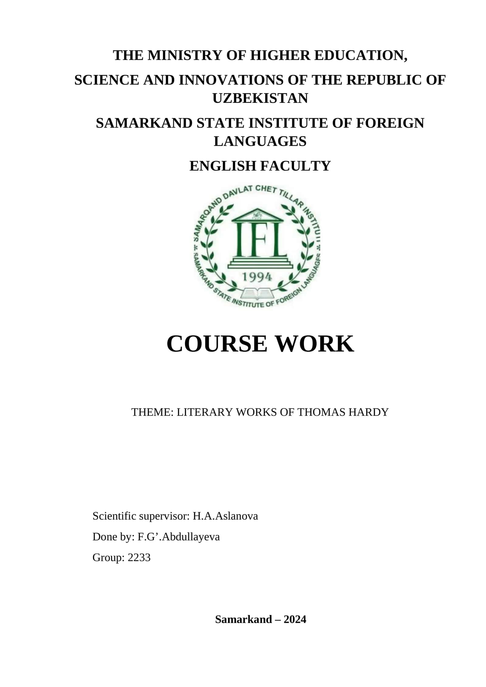 LITERARY WORKS OF THOMAS HARDY