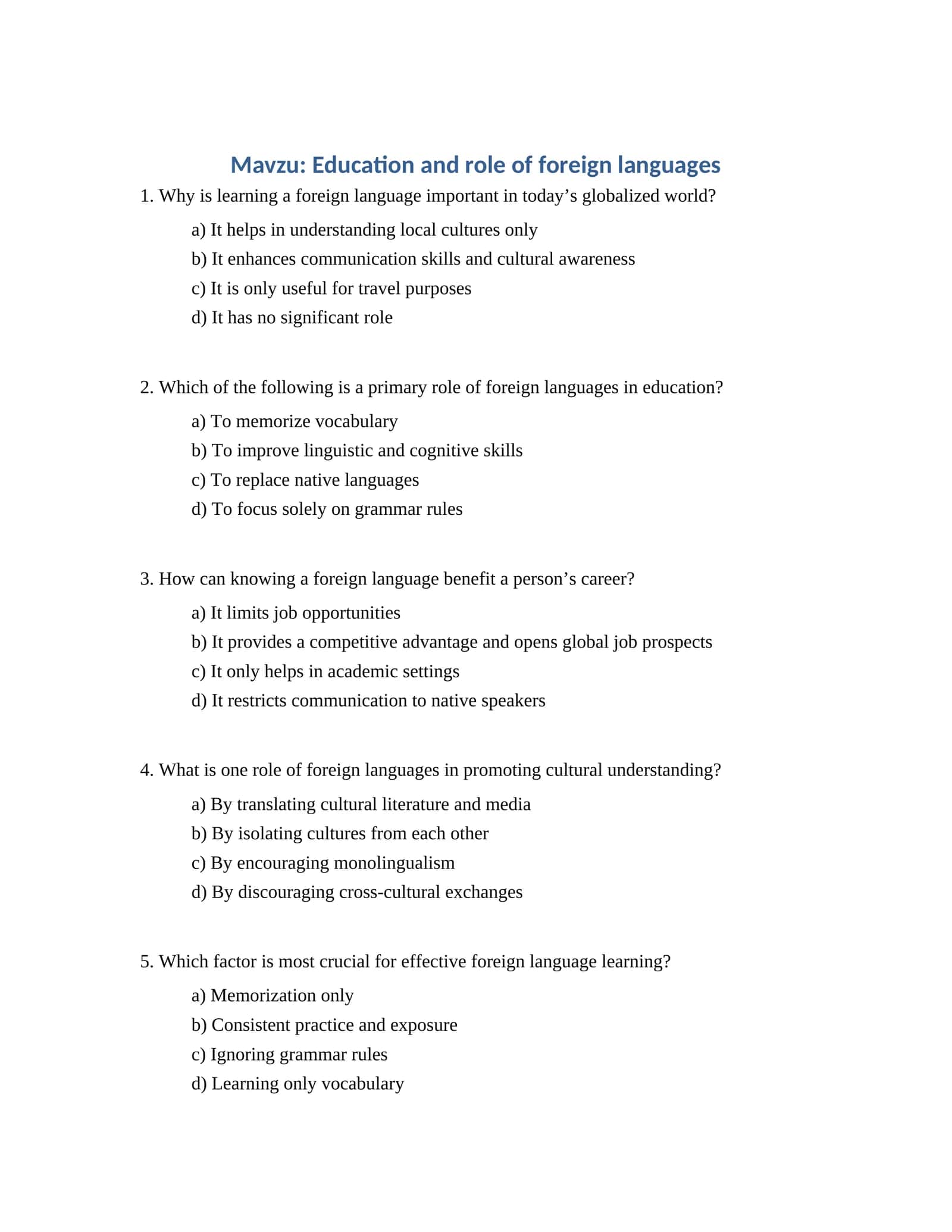 Education and role of foreign languages
