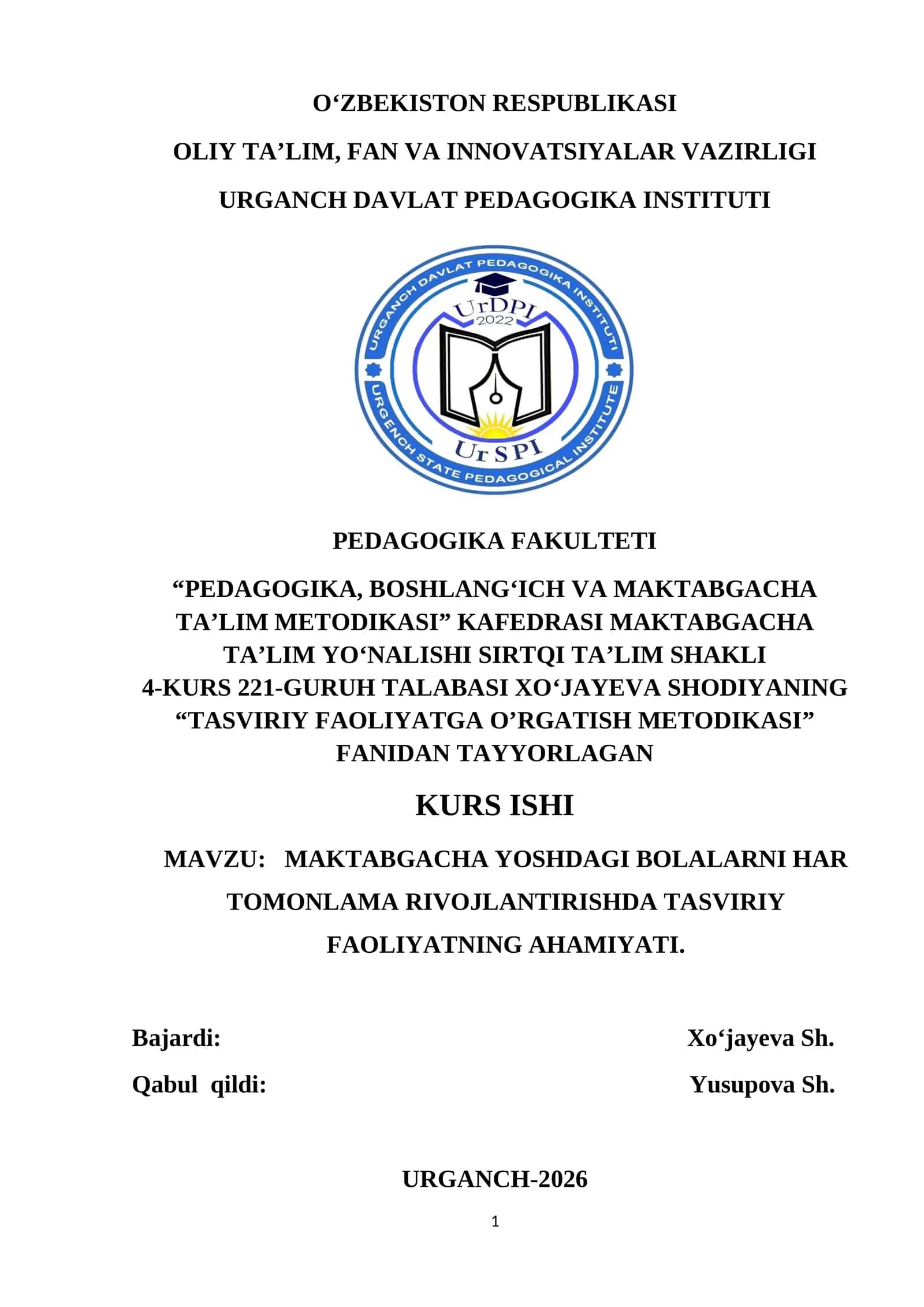 TASVIRIY FAOLIYATGA O'RGATISH METODIKASI