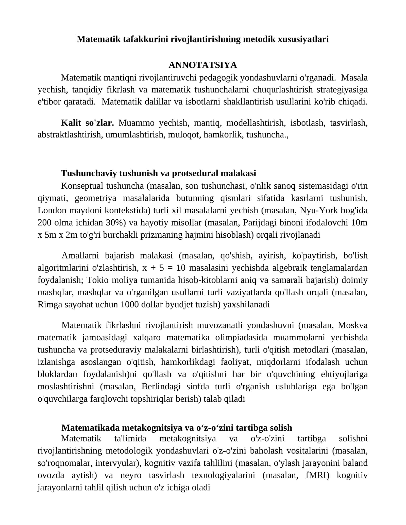 Matematik tafakkurini rivojlantirishning metodik xususiyatlari