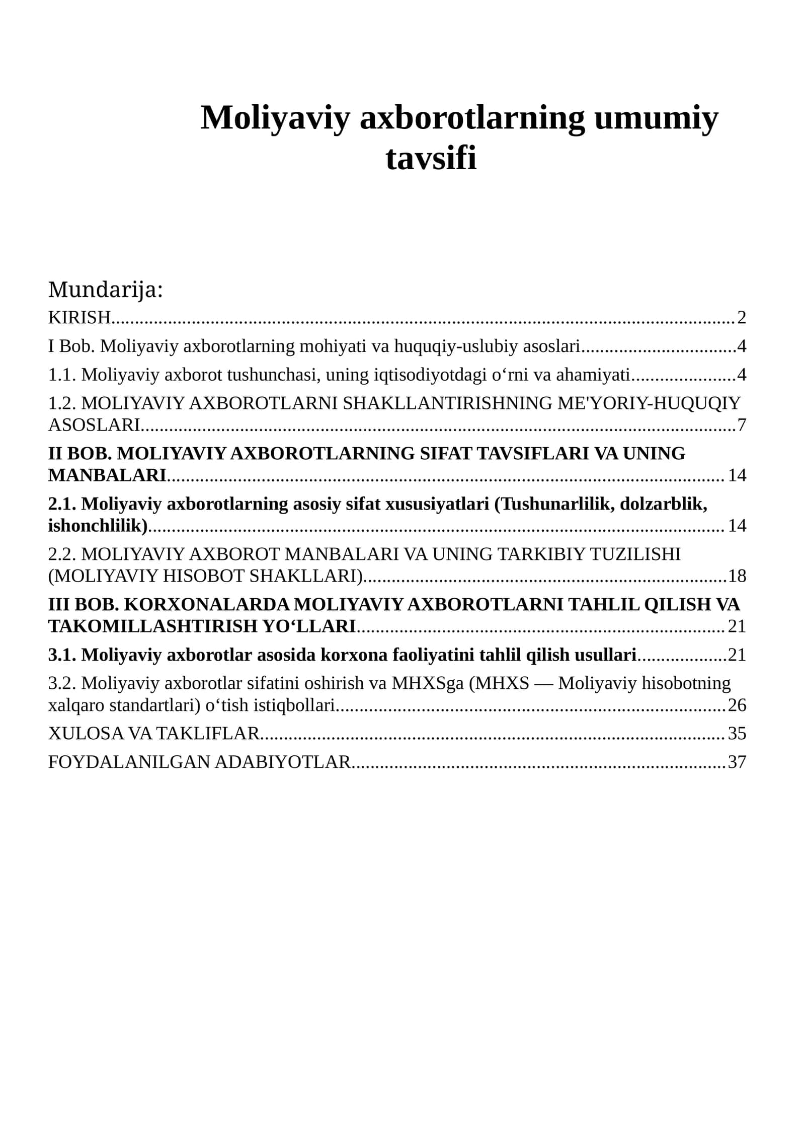 Moliyaviy axborotlarning umumiy tavsifi