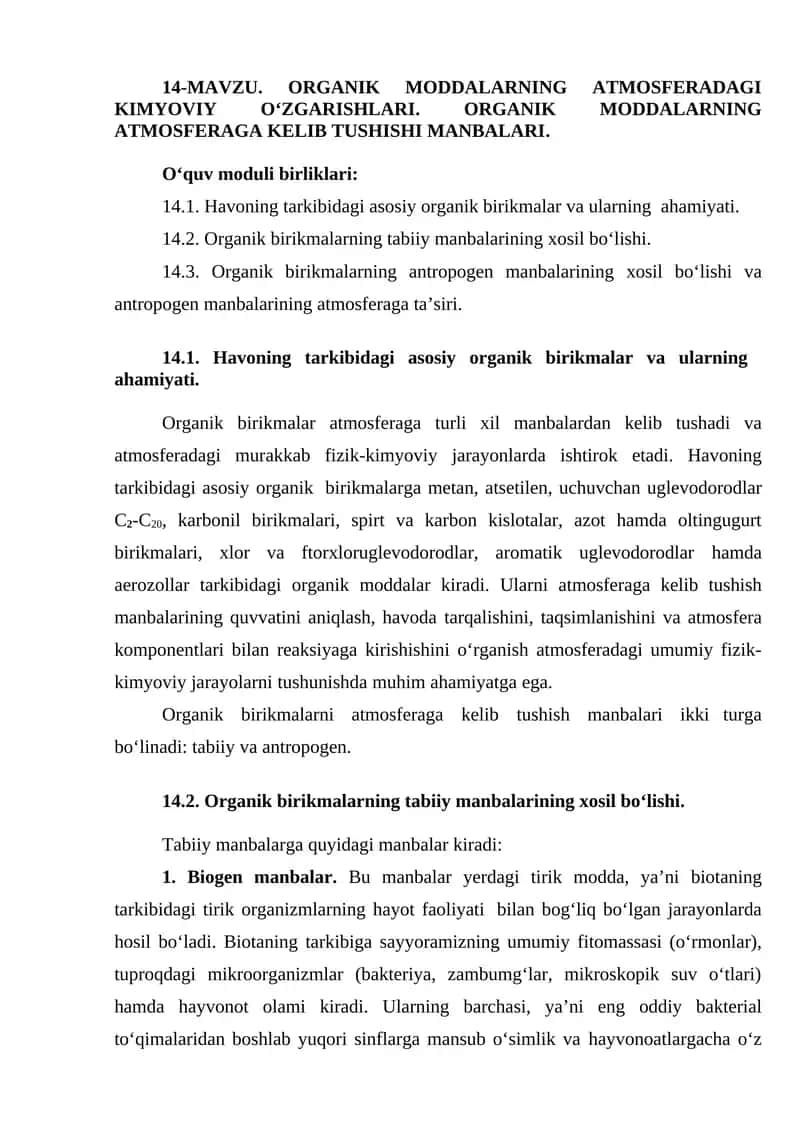 Organik moddalarning atmosferadagi kimyoviy o‘zgarishlari