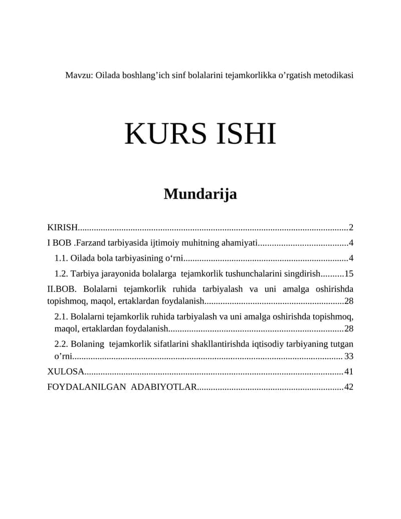 Oilada boshlang’ich sinf bolalarini tejamkorlikka o’rgatish metodikasi