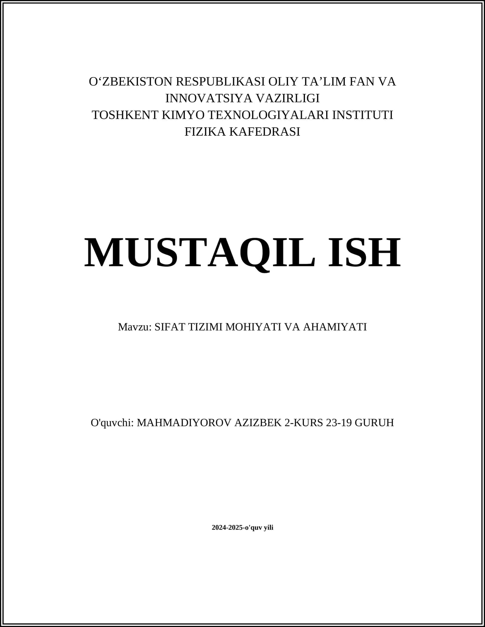 SIFAT TIZIMI MOHIYATI VA AHAMIYATI