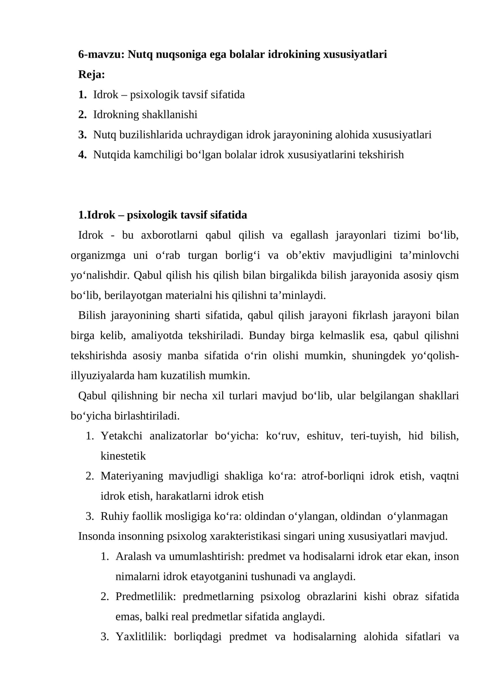 Nutq nuqsoniga ega bolalar idrokining xususiyatlari