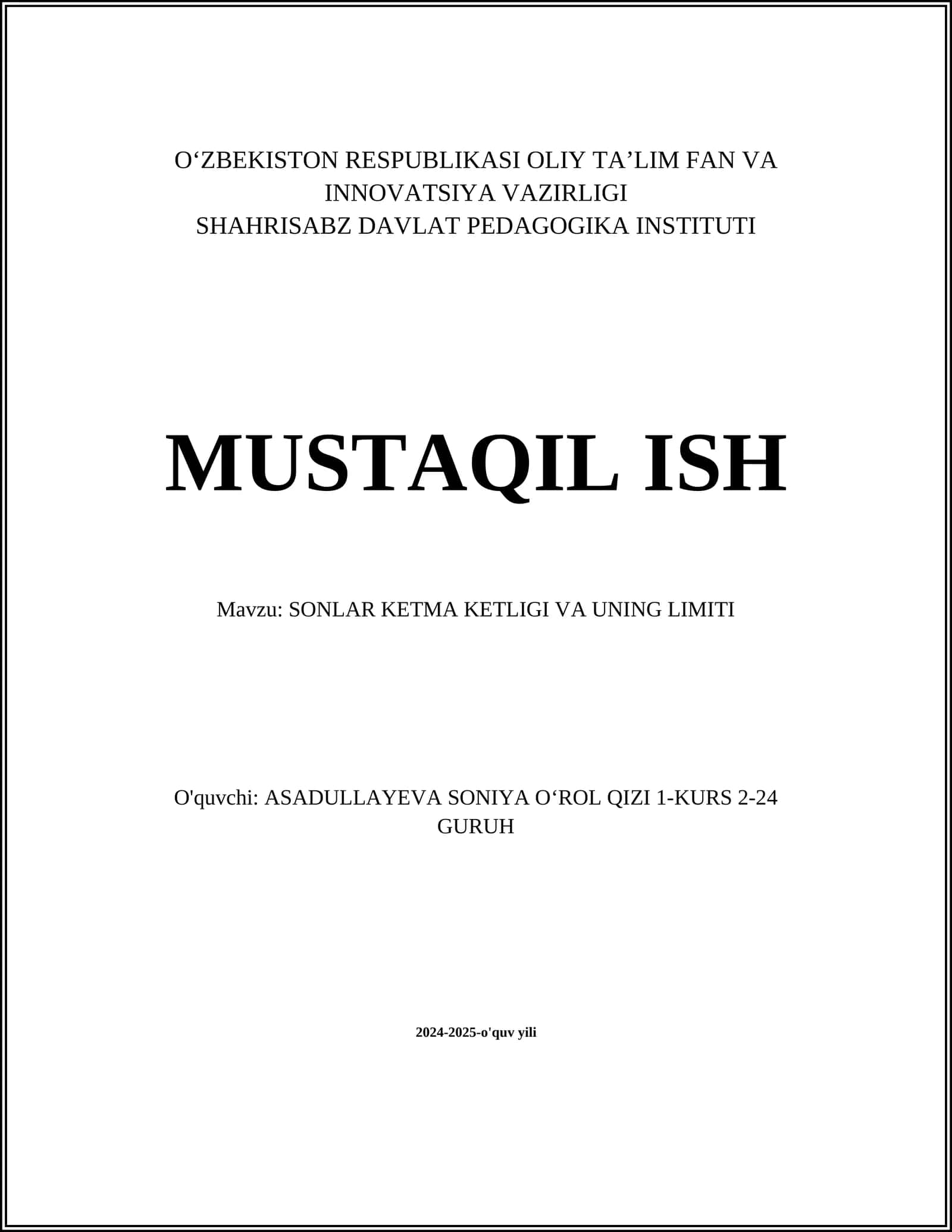 SONLAR KETMA KETLIGI VA UNING LIMITI
