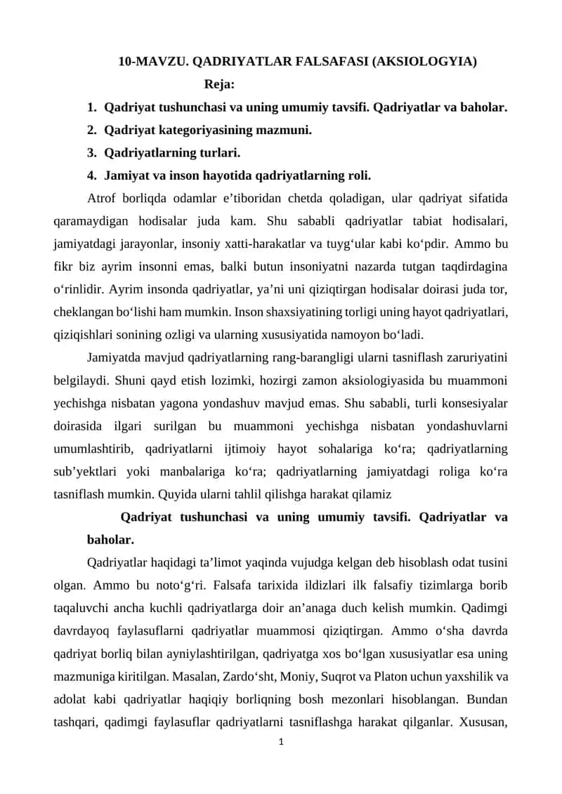 QADRIYATLAR FALSAFASI (AKSIOLOGYIA)