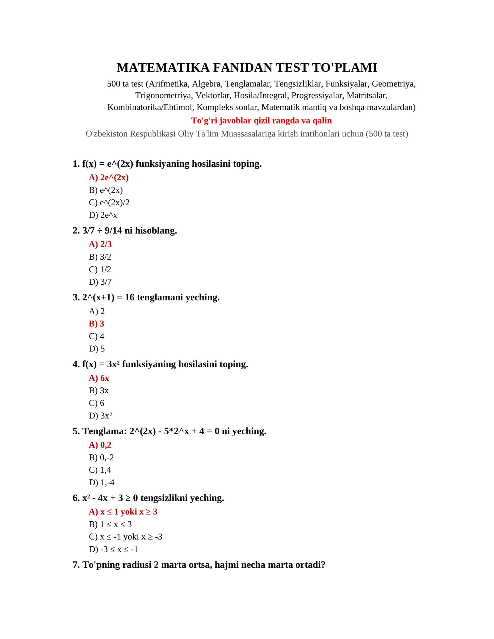MATEMATIKA FANIDAN TEST TO'PLAMI 500 TA
