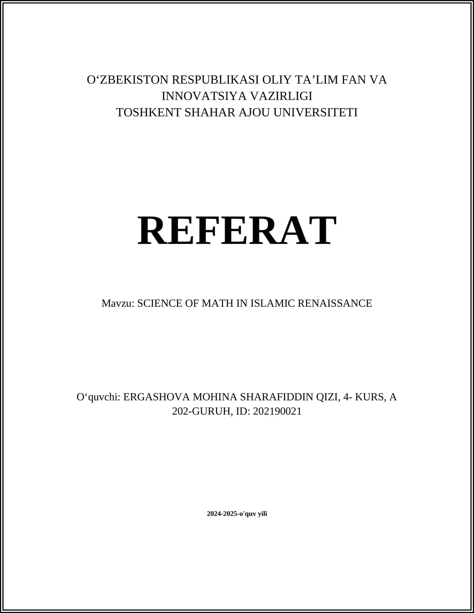 SCIENCE OF MATH IN ISLAMIC RENAISSANCE