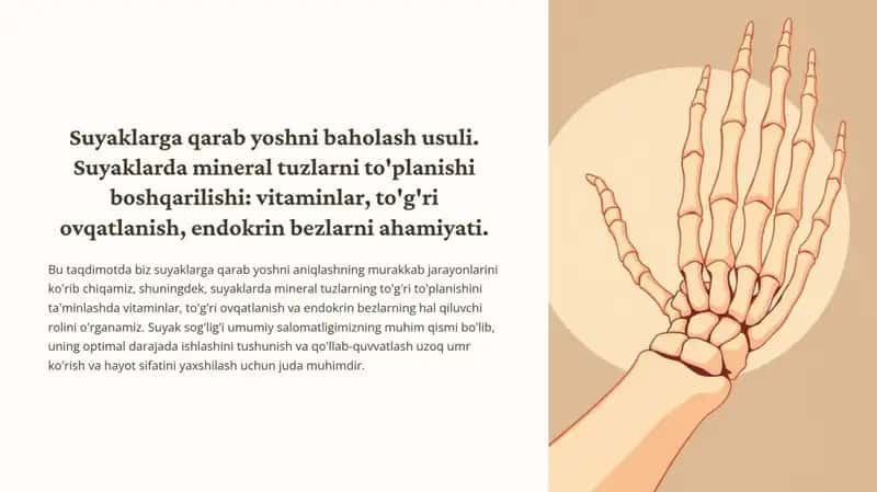 Suyaklarga qarab yoshni baholash usuli. Suyaklarda mineral tuzlarni to'planishi boshqarilishi: vitaminlar, to'g'ri ovqatlanish, endokrin bezlarni ahamiyati.