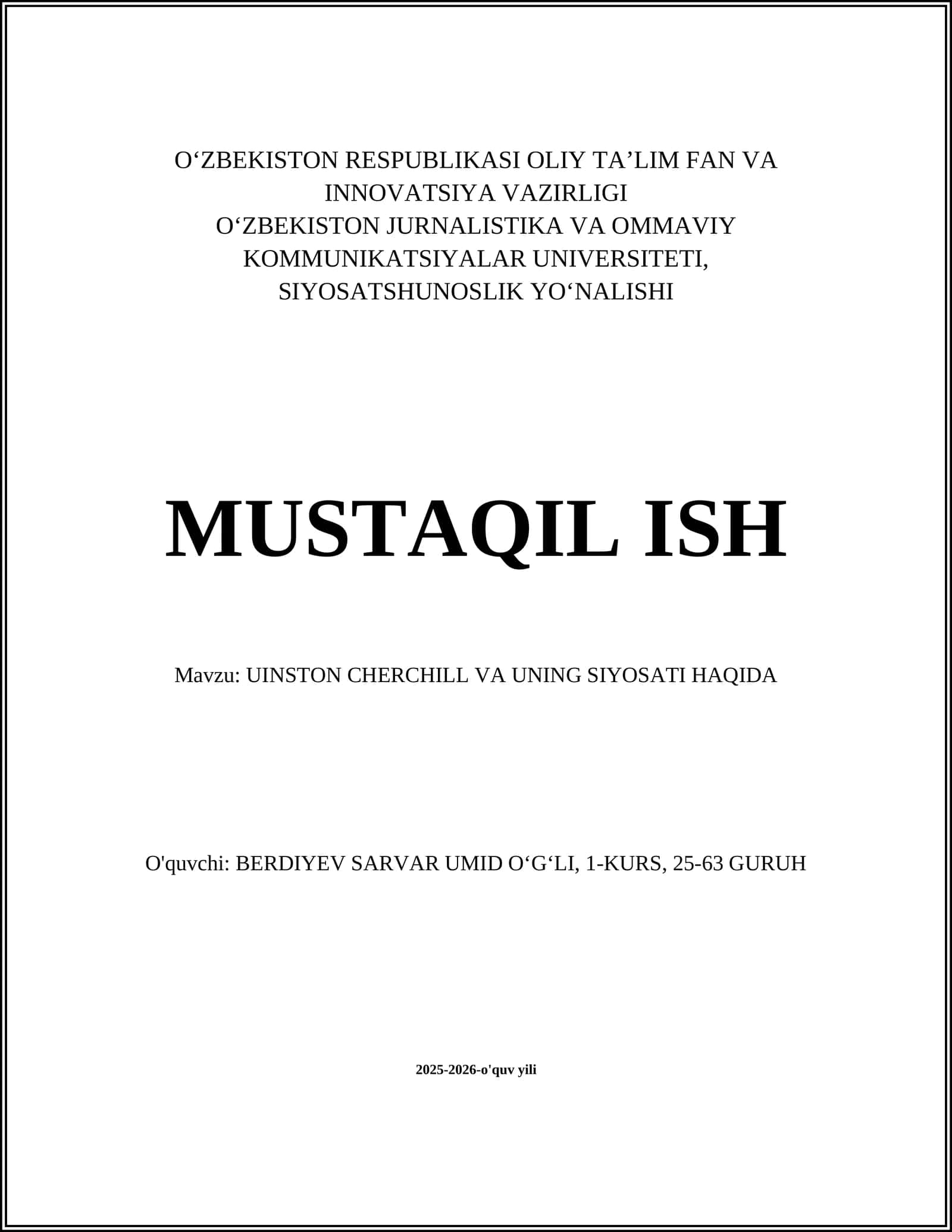 UINSTON CHERCHILL VA UNING SIYOSATI HAQIDA
