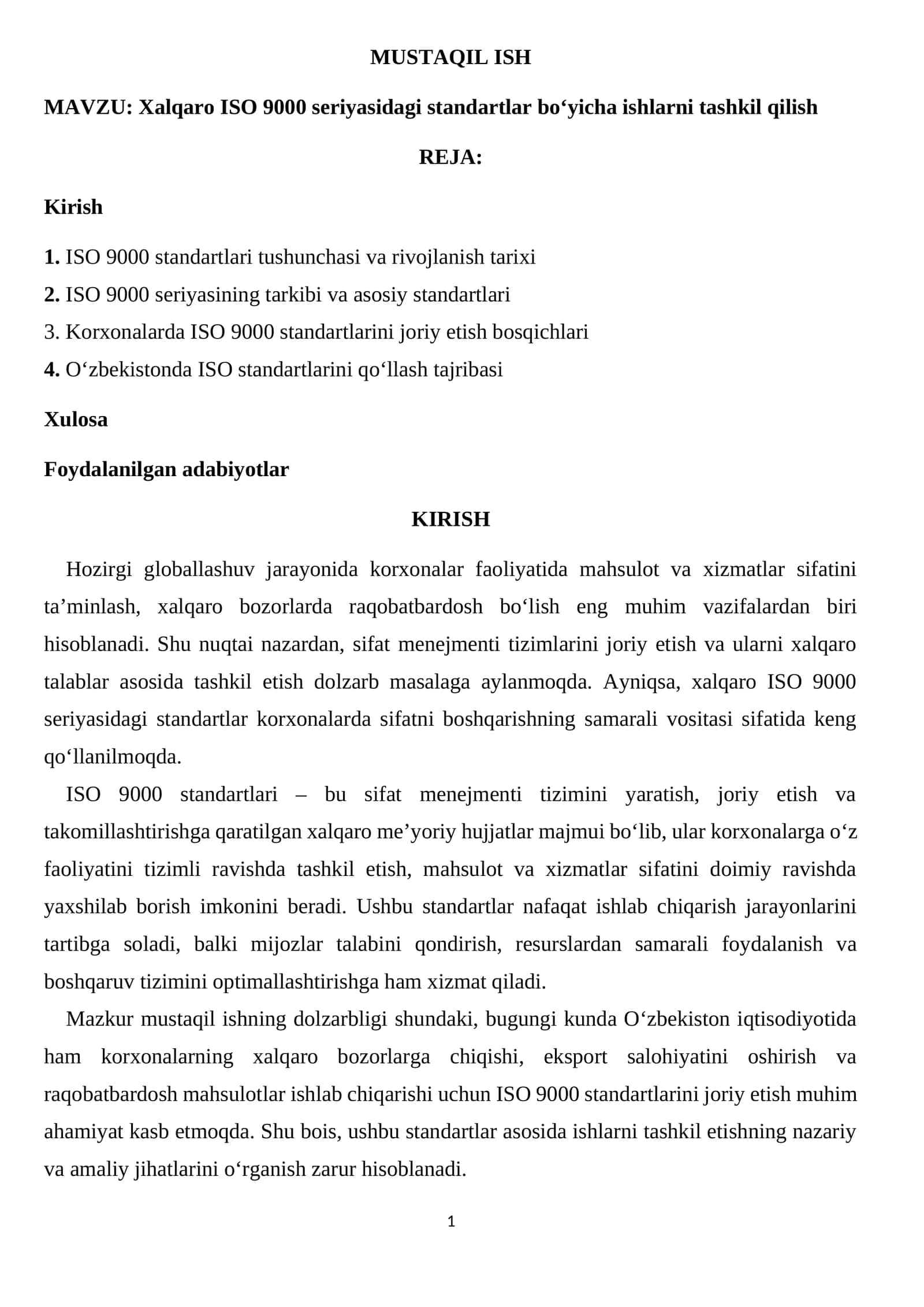 Xalqaro ISO 9000 seriyasidagi standartlar bo‘yicha ishlarni tashkil qilish