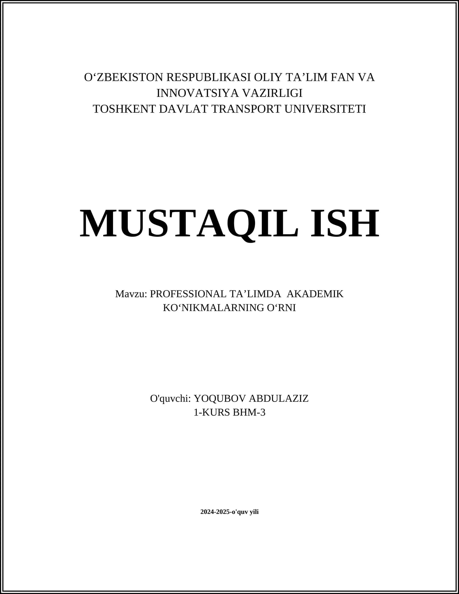 PROFESSIONAL TAʼLIMDA AKADEMIK KOʼNIKMALARNING OʻRNI