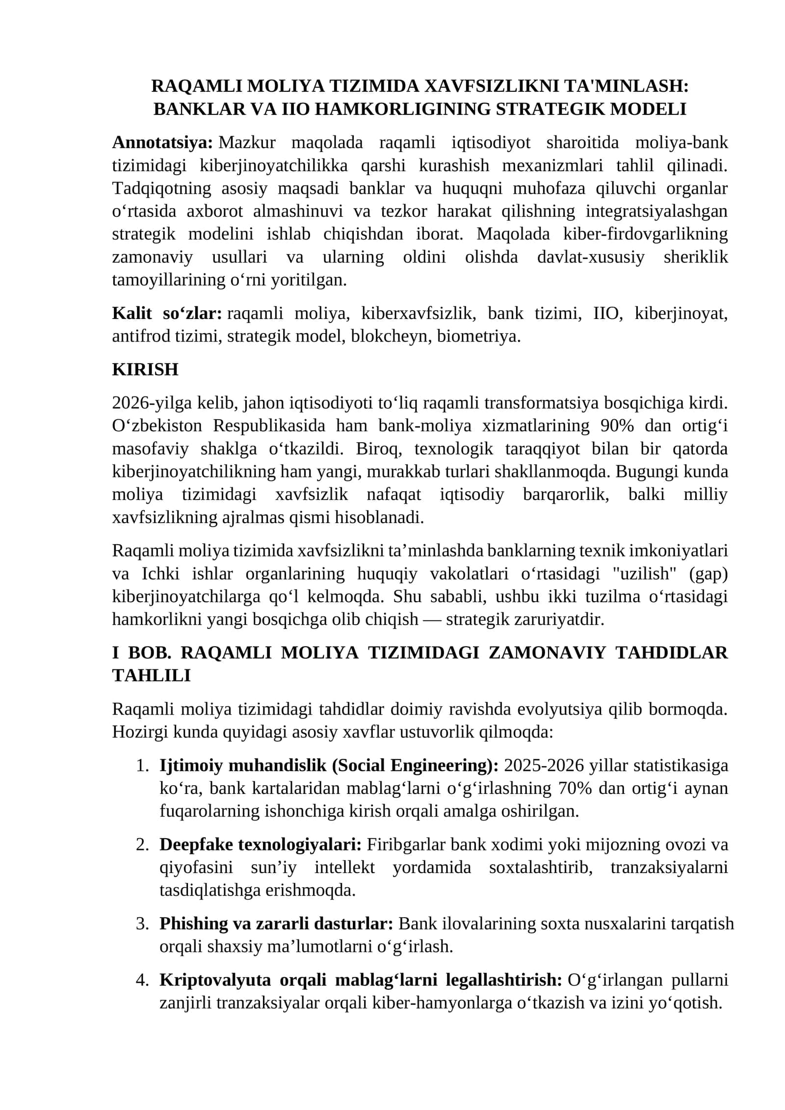 RAQAMLI MOLIYA TIZIMIDA XAVFSIZLIKNI TA'MINLASH: BANKLAR VA IIO HAMKORLIGINING STRATEGIK MODELI