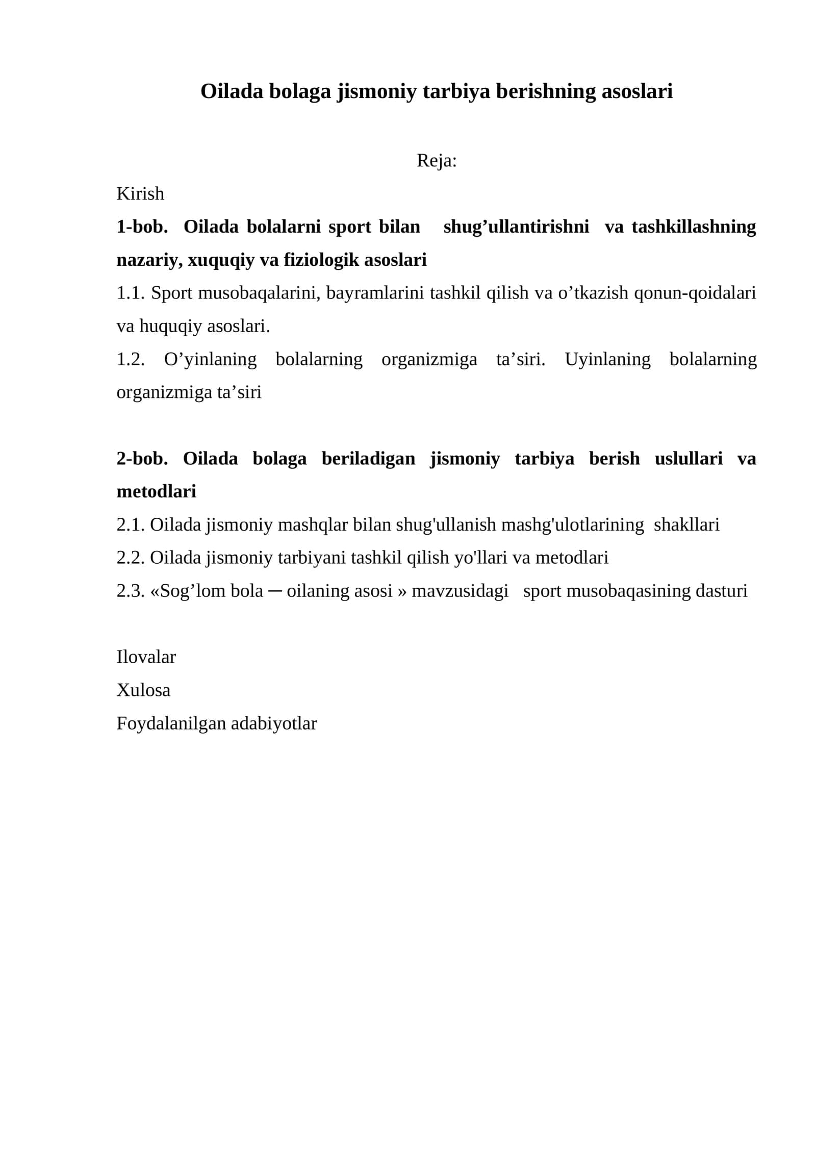 "Oilada bolaga jismoniy tarbiya berishning asoslari"