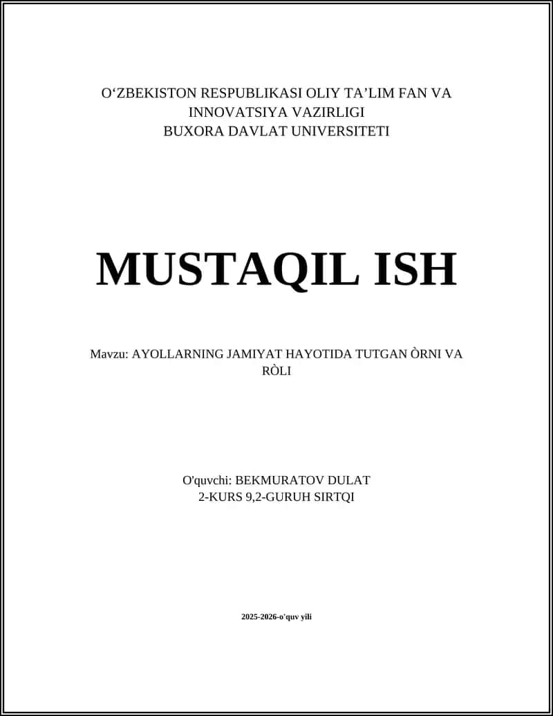 AYOLLARNING JAMIYAT HAYOTIDA TUTGAN ÒRNI VA RÒLI