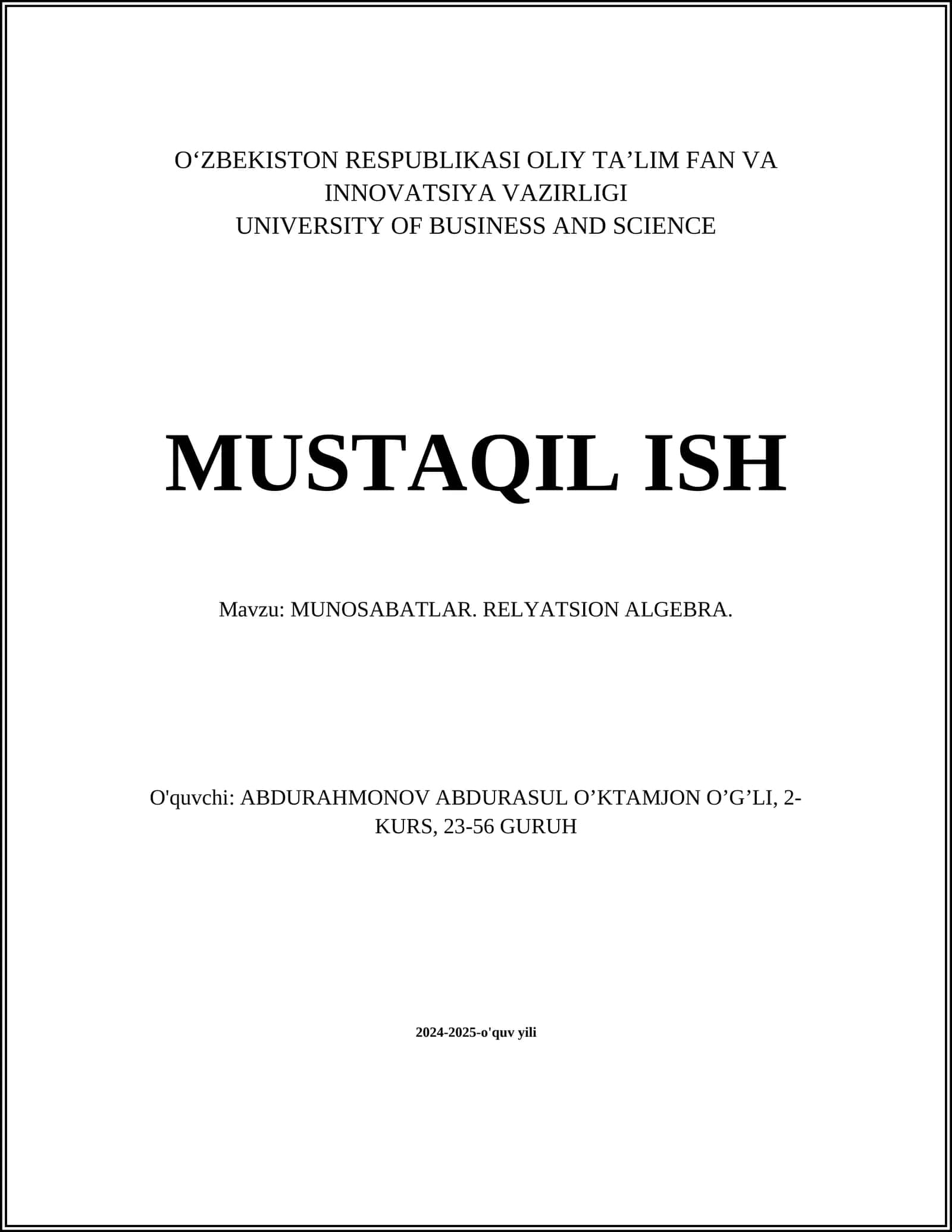 MUNOSABATLAR. RELYATSION ALGEBRA