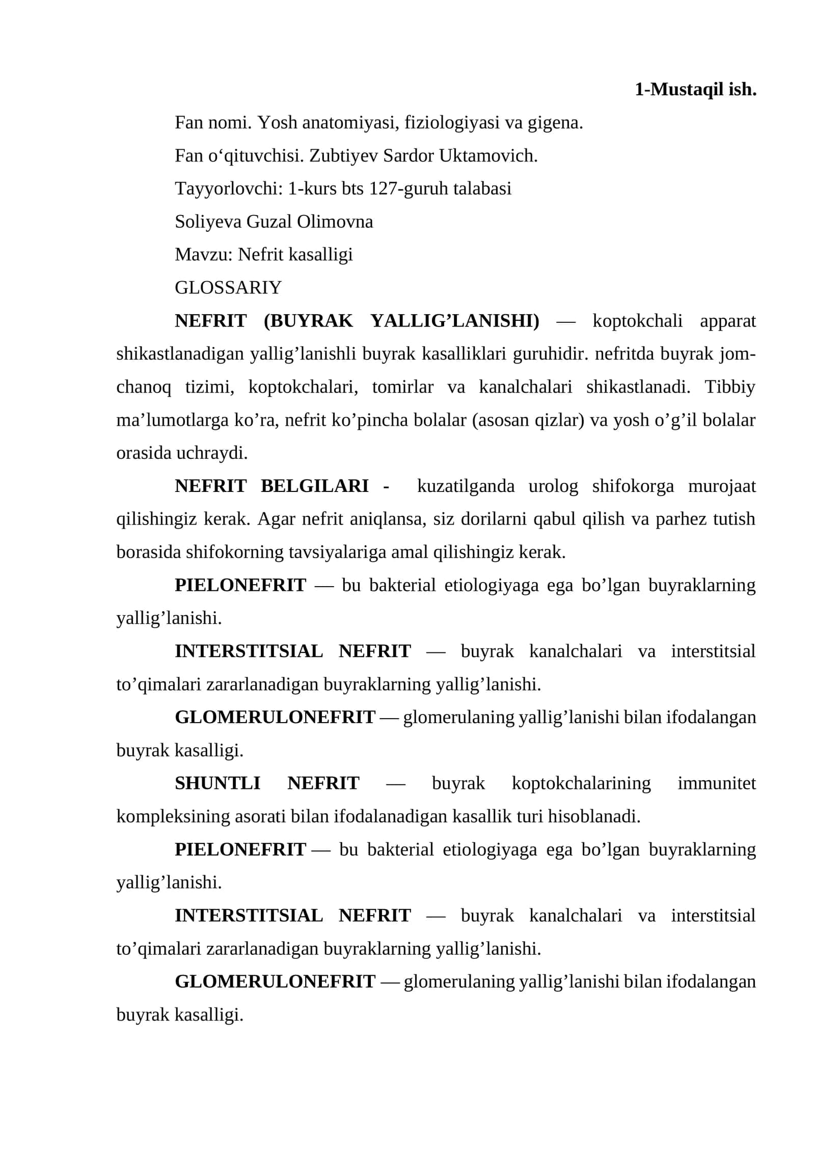 Mustaqil ish: Nefrit kasalligi