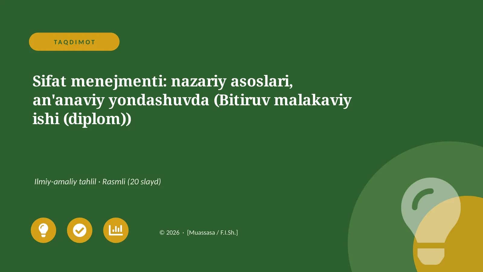 Sifat menejmenti: nazariy asoslari, an'anaviy yondashuvda (Bitiruv malakaviy ishi (diplom))