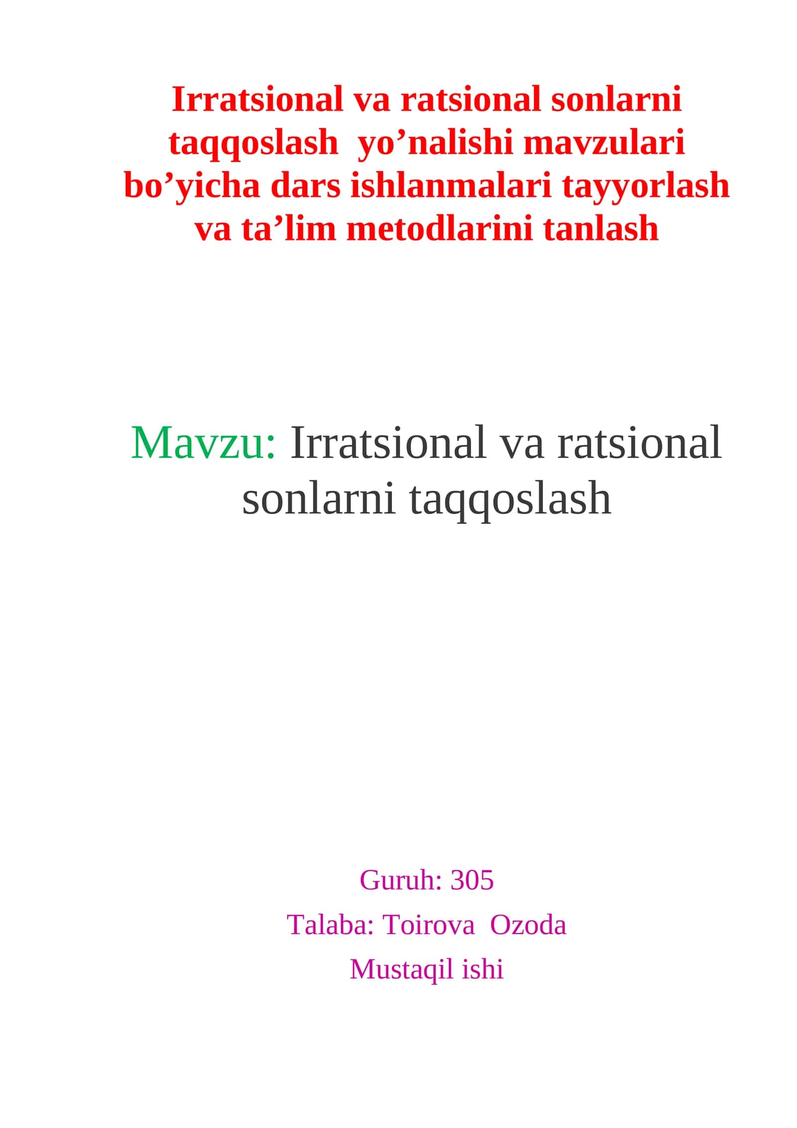 Irratsional va ratsional sonlarni taqqoslash
