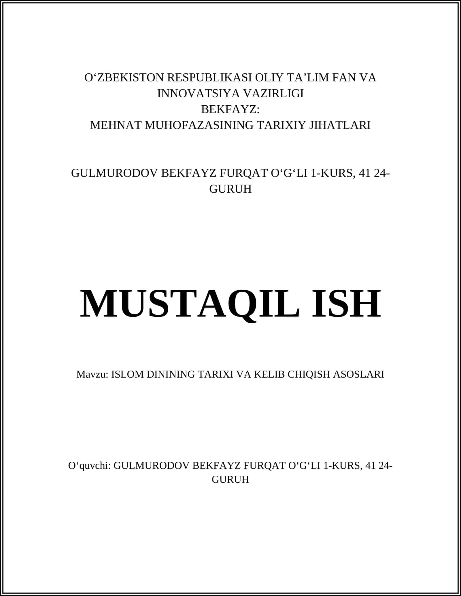 MEHNAT MUHOFAZASINING TARIXIY JIHATLARI