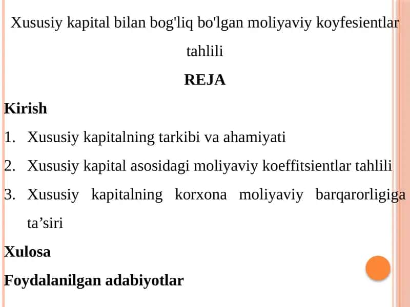 Xususiy kapital bilan bog'liq bo'lgan moliyaviy koyfesientlar tahlili