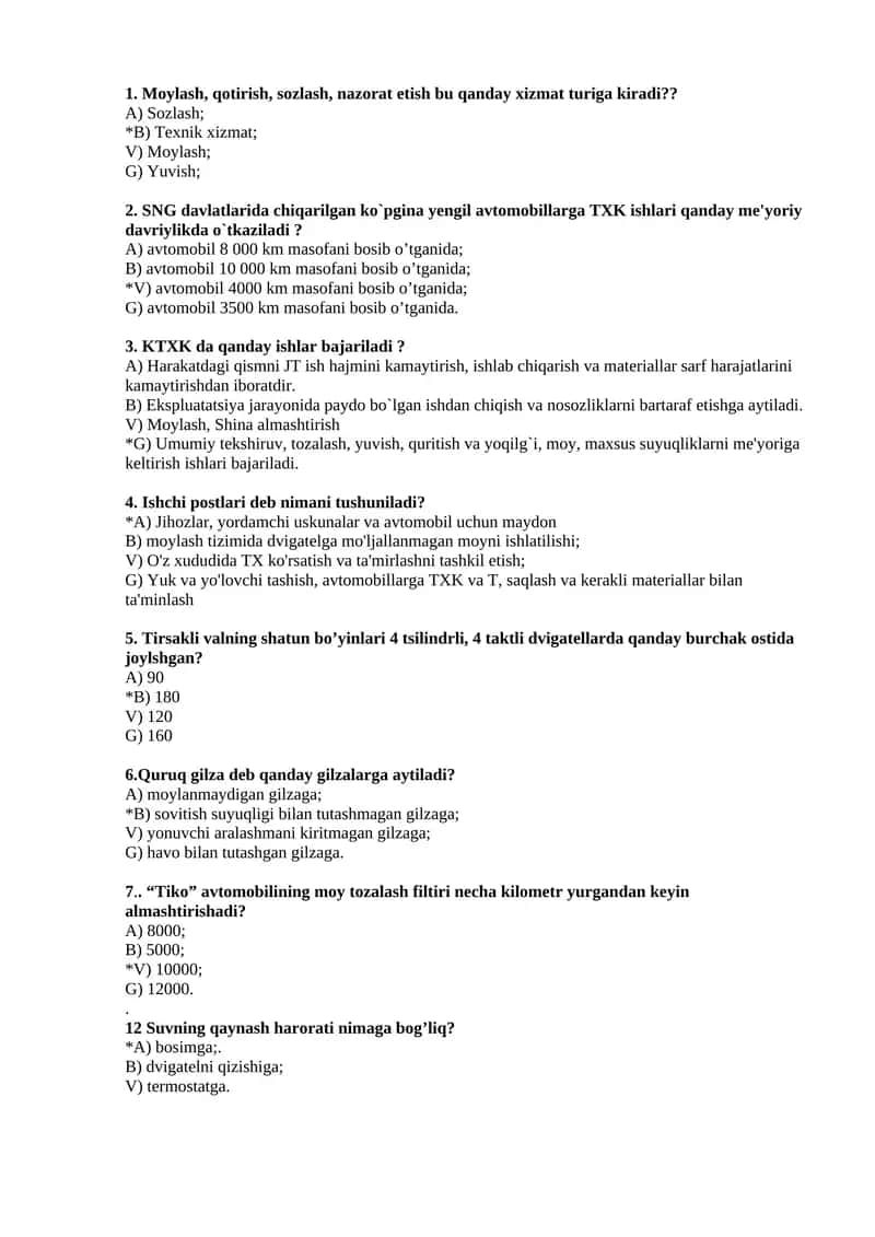 2026 Avtomobillar tuzilishi fanidan testlar to'plami javobi bilan