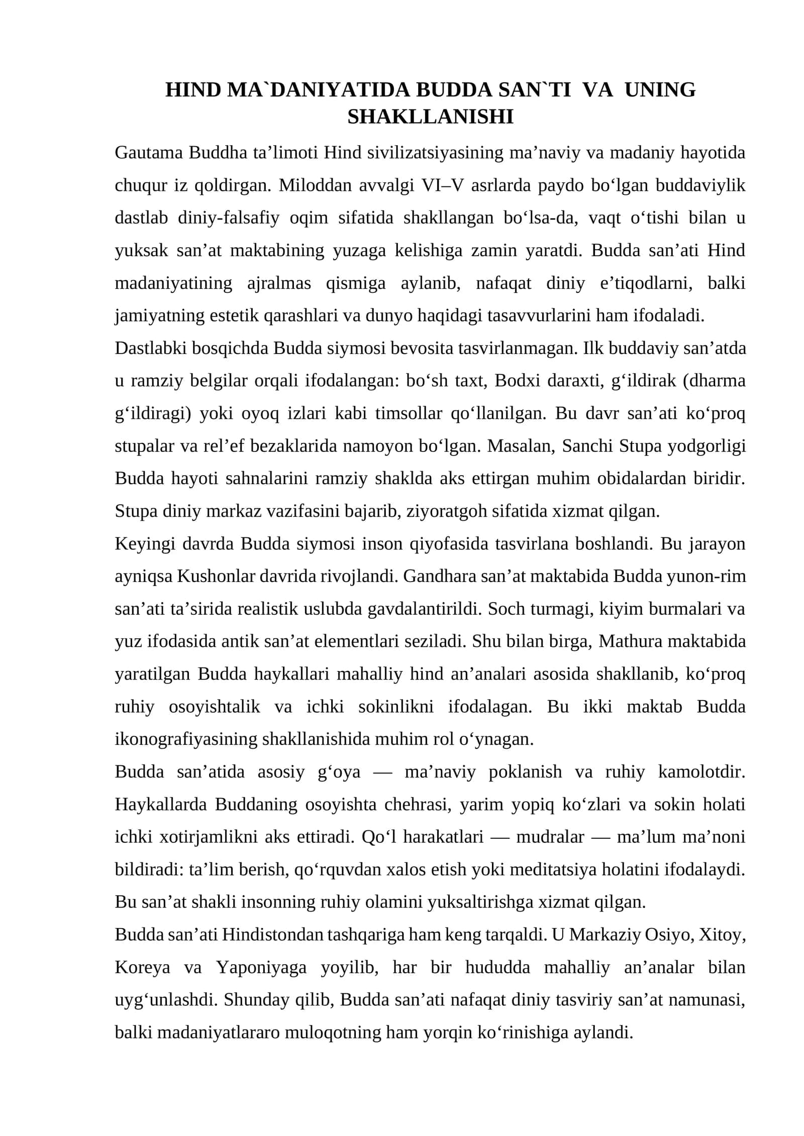 HIND MA`DANIYATIDA BUDDA SAN`TI VA UNING SHAKLLANISHI