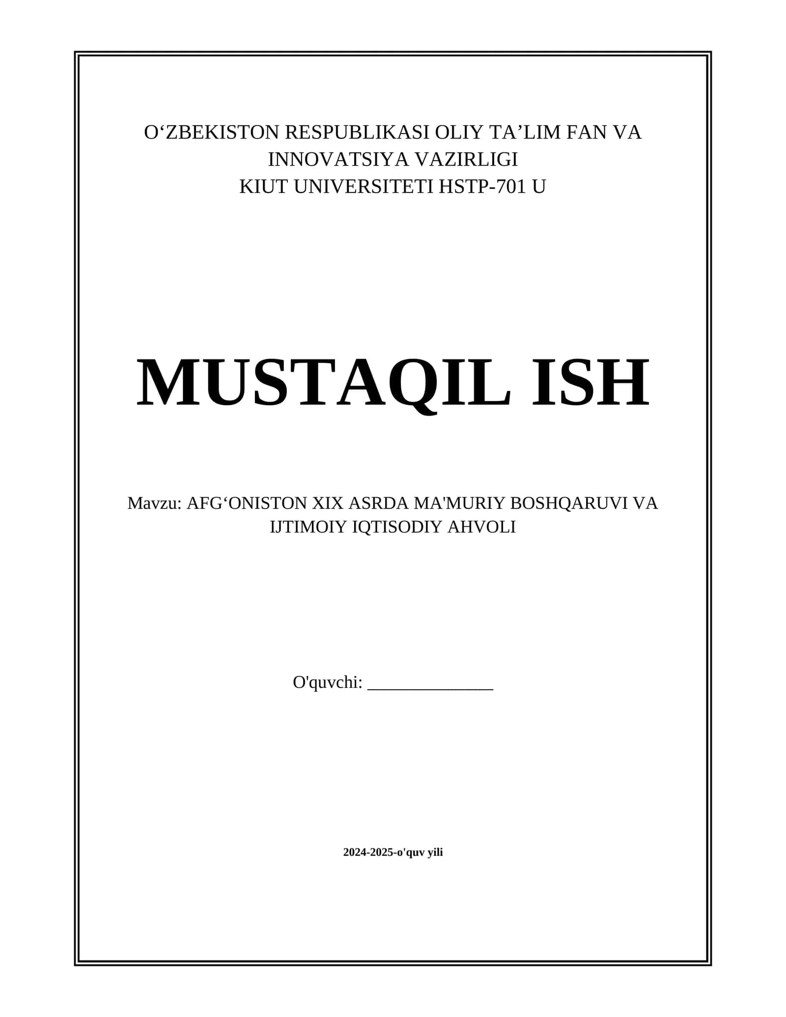 AFGʻONISTON XIX ASRDA MA'MURIY BOSHQARUVI VA IJTIMOIY IQTISODIY AHVOLI