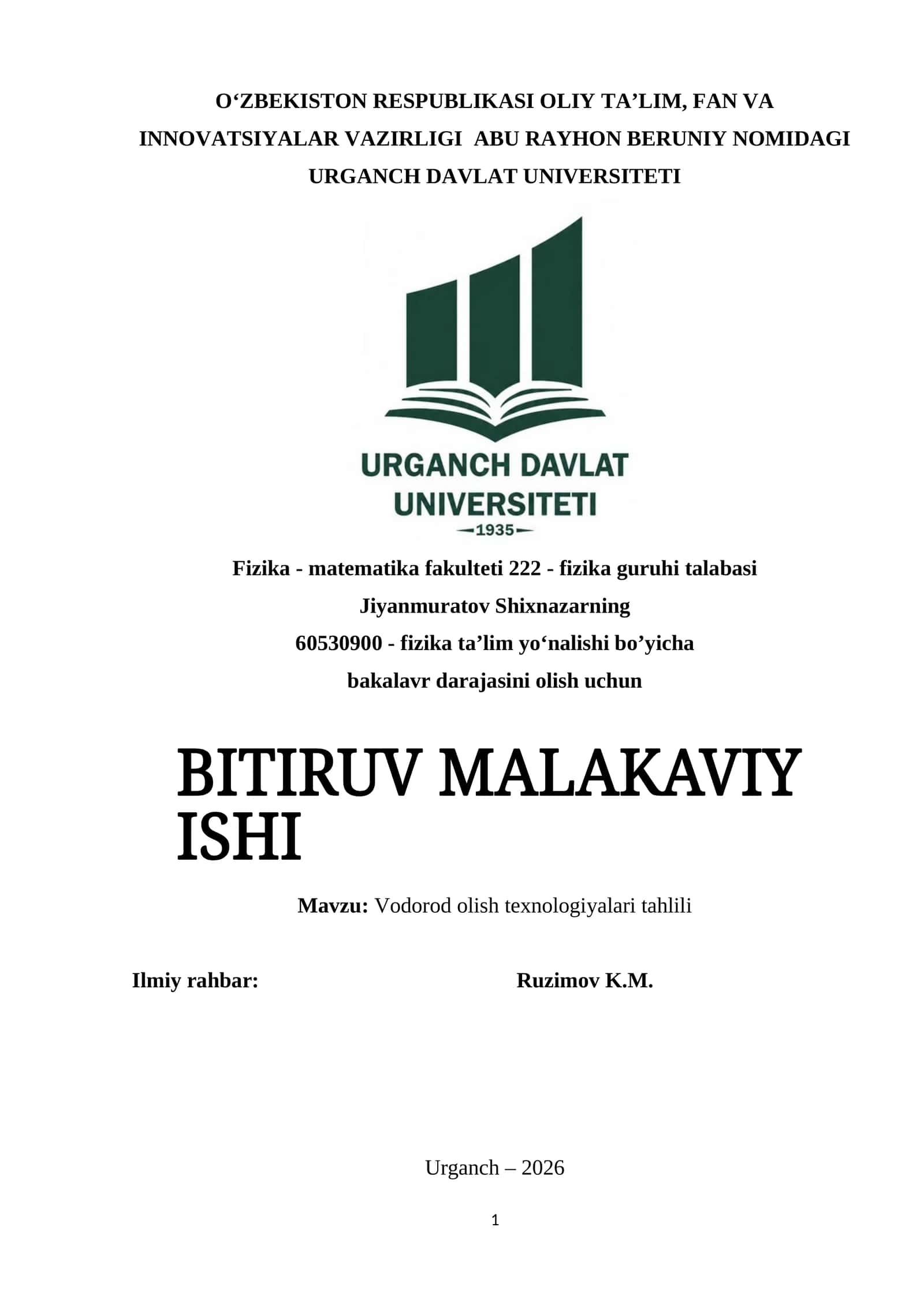 Vodorod olish texnologiyalari tahlili