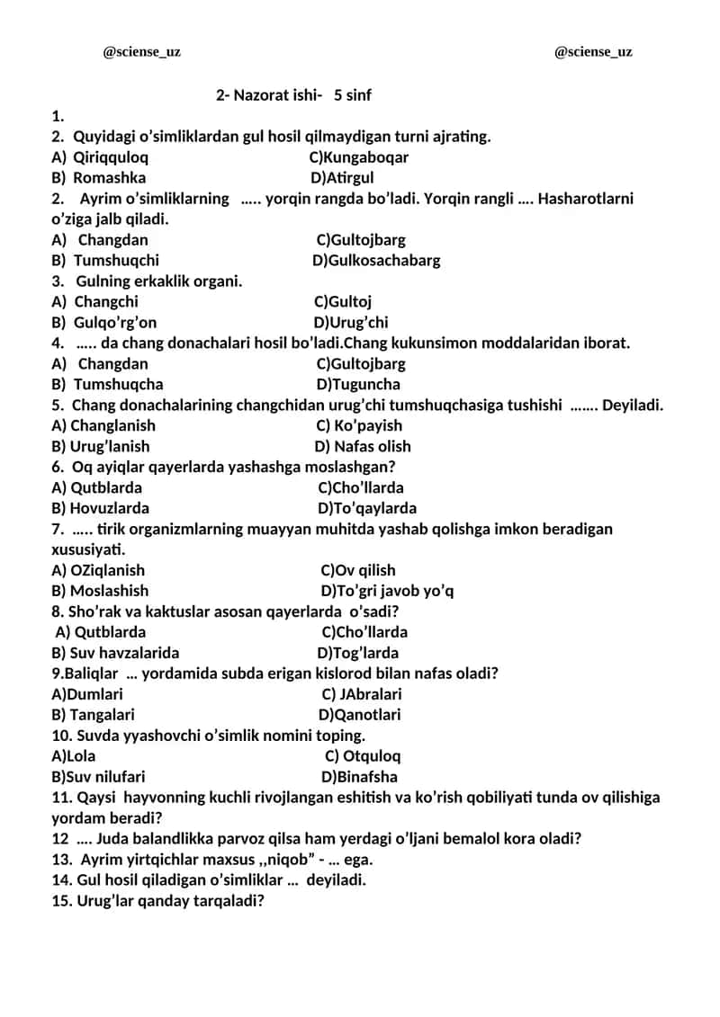 2- Nazorat ishi- 5 sinf