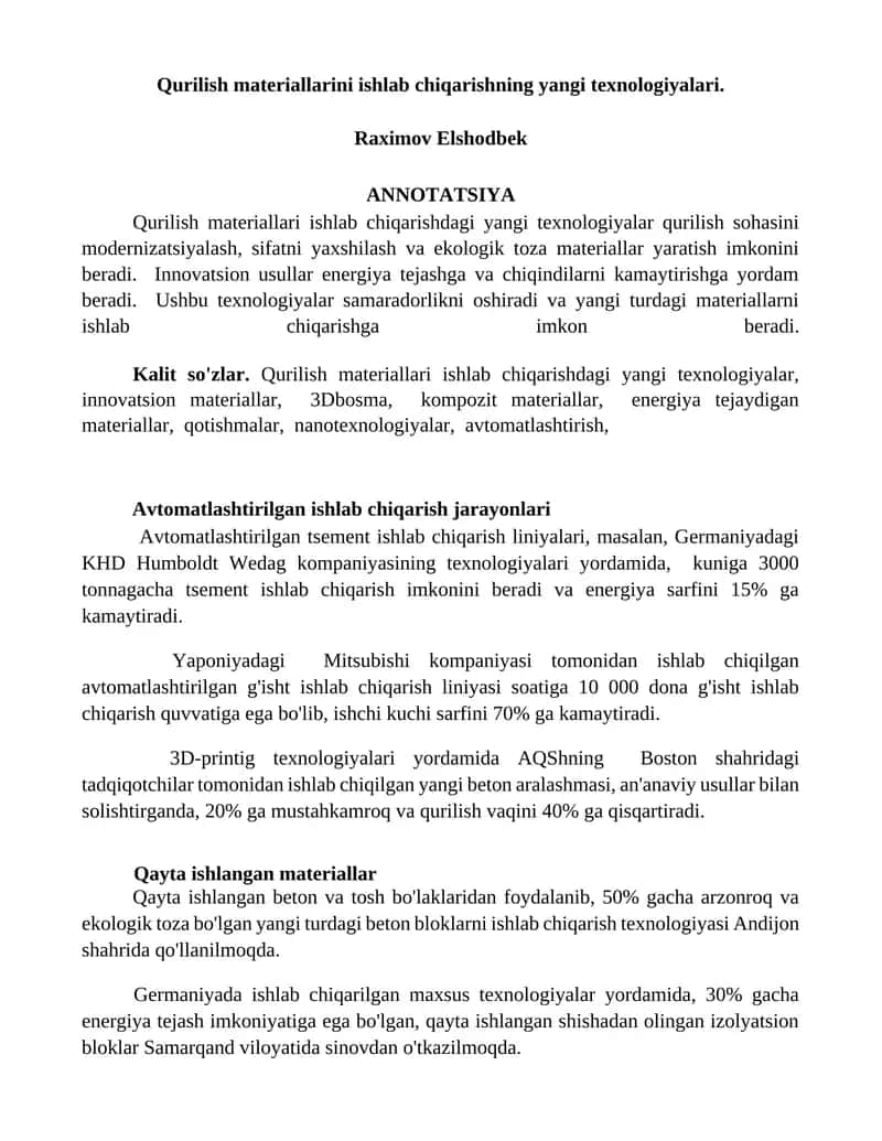 Qurilish materiallari ishlab chiqarishning yangi texnologiyalari