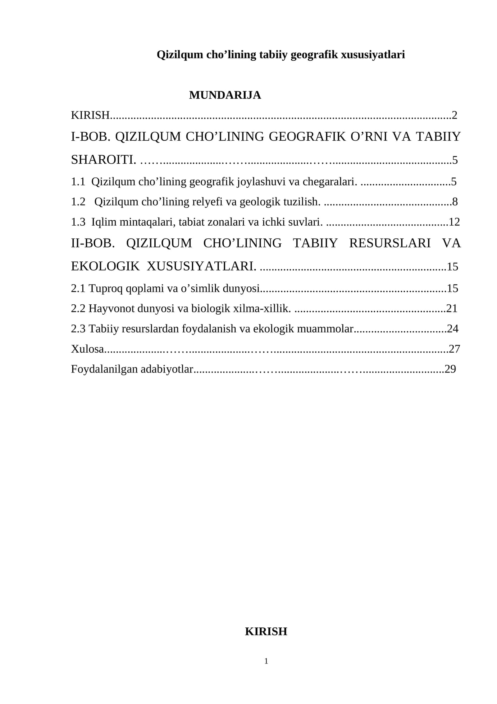Qizilqum cho’lining tabiiy geografik xususiyatlari