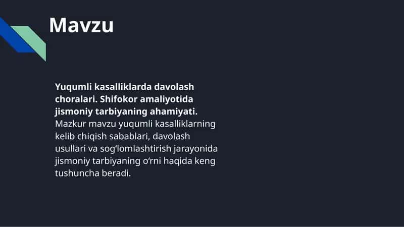 Yuqumli kasalliklarda davolash choralari. Shifokor amaliyotida jismoniy tarbiyaning ahamiyati. Mazkur mavzu yuqumli kasalliklarning kelib chiqish sabablari, davolash usullari va sog‘lomlashtirish jarayonida jismoniy tarbiyaning o‘rni haqida keng tushuncha beradi.