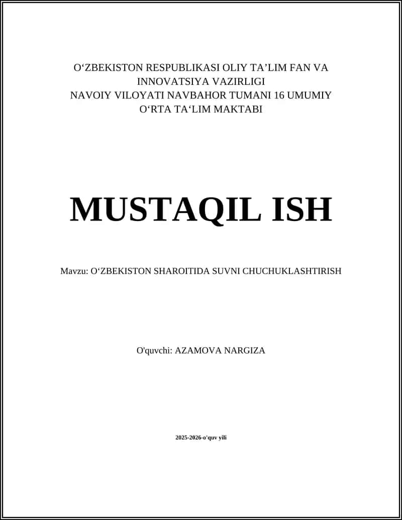 O‘ZBEKISTON SHAROITIDA SUVNI CHUCHUKLASHTIRISH